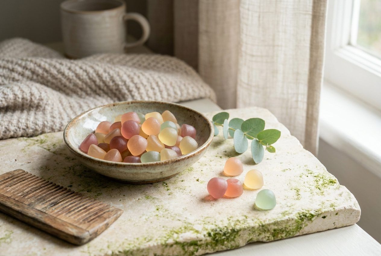 Pastel gummies in a ceramic dish, with a comb and greenery beside them.