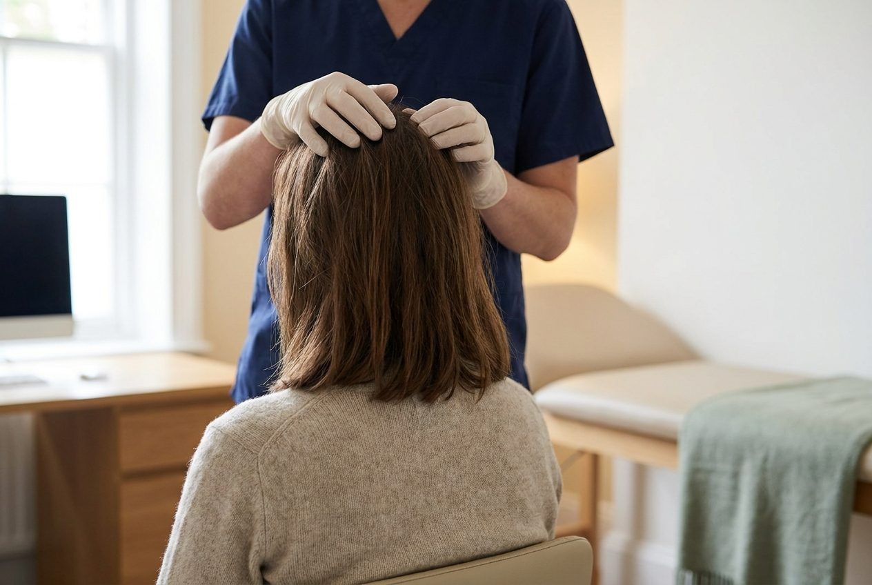 A clinician in navy scrubs parting a patient’s hair. The patient is turned away.