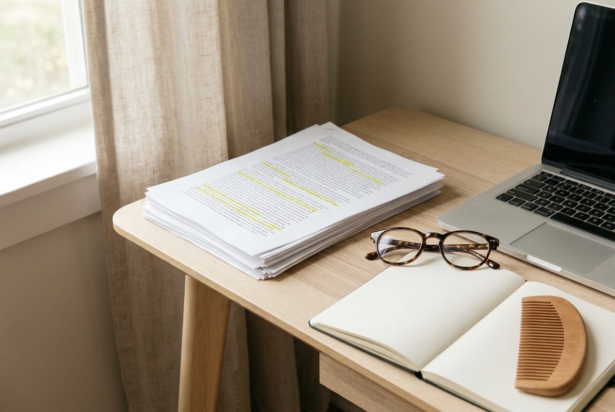 An editor’s desk with papers, a laptop, glasses, a notebook and a wooden comb.