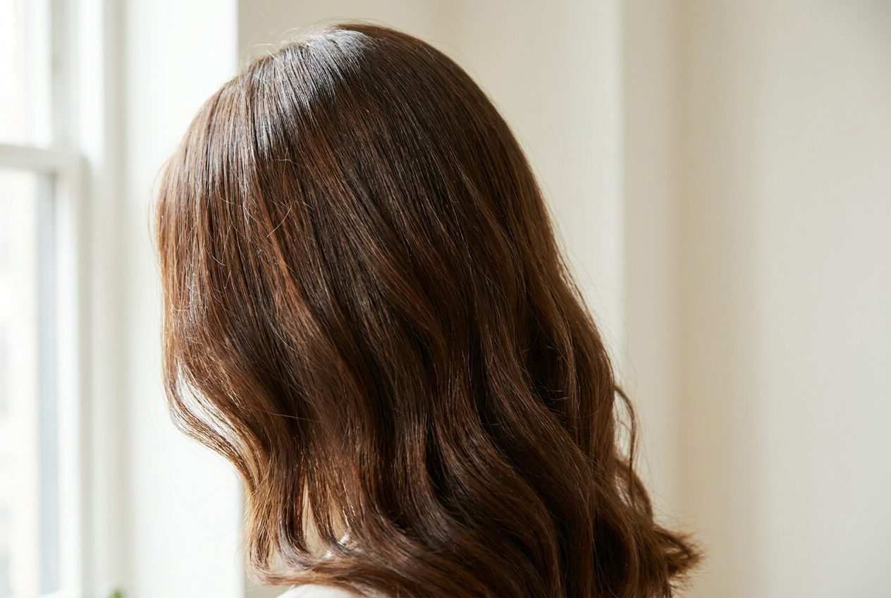 A woman running both hands through long, wavy brown hair against a plain cream background.
