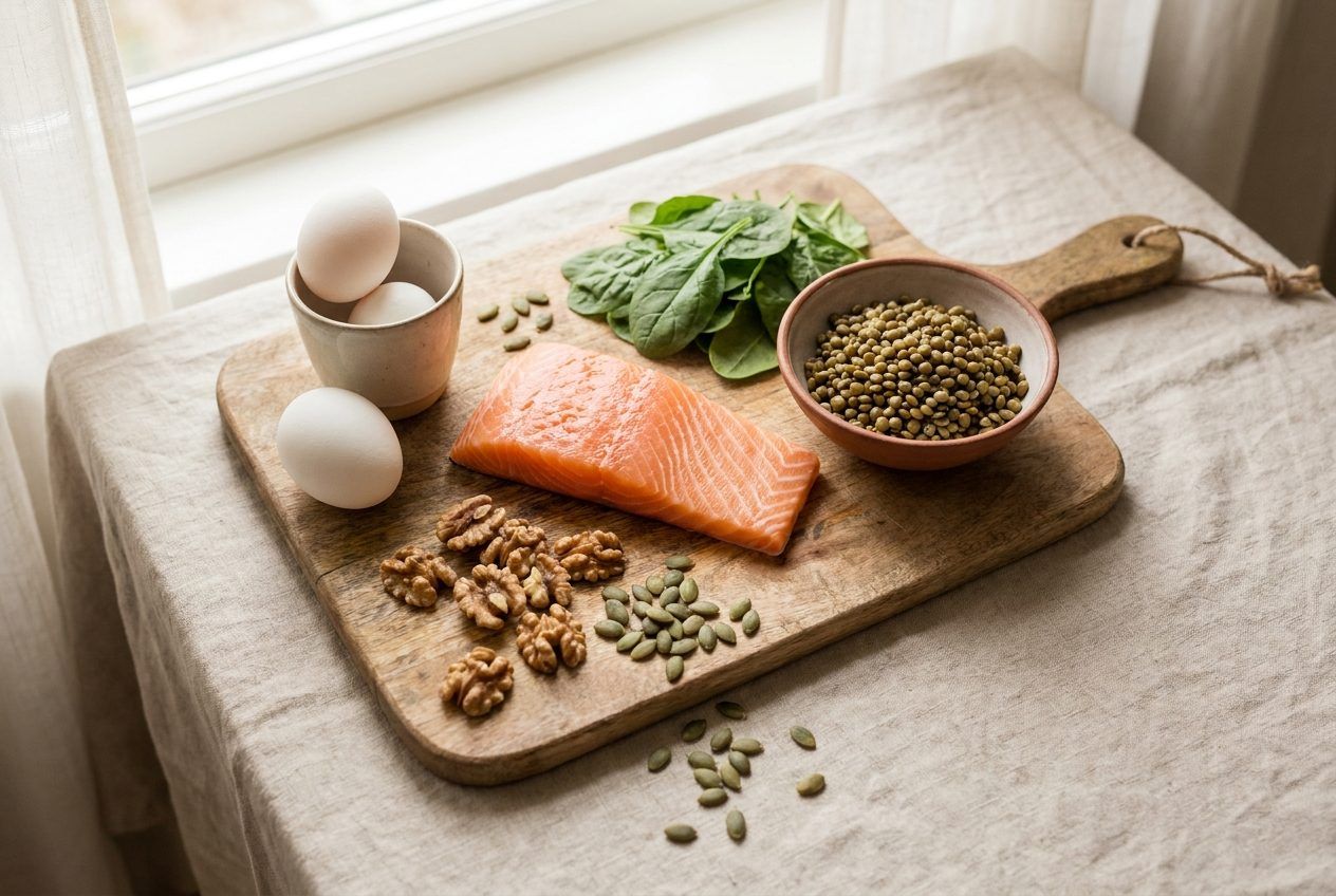 Salmon, eggs, spinach, lentils, walnuts and pumpkin seeds arranged on a board.
