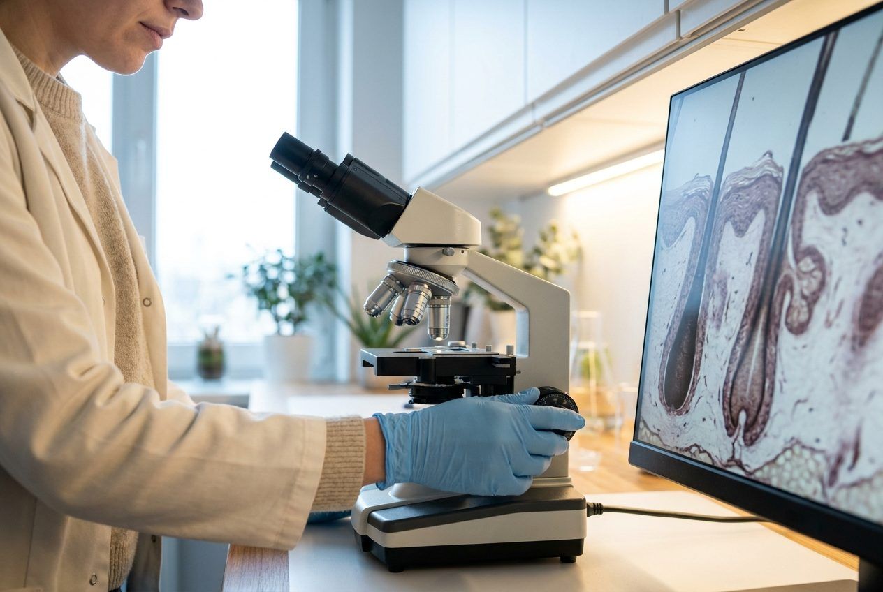 Gloved hands at a microscope, with a monitor showing hair shafts.
