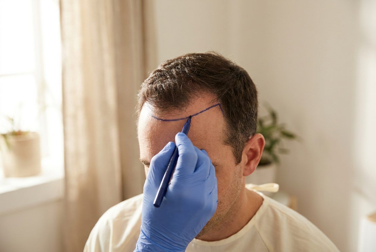 A gloved hand marking a hairline. The face is cropped out of the frame.