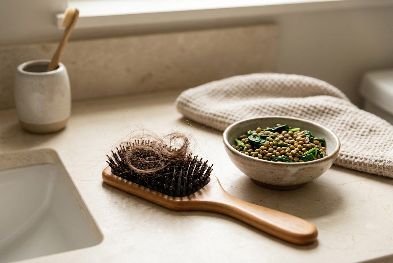 A paddle brush holding shed hair, beside spinach and lentils.