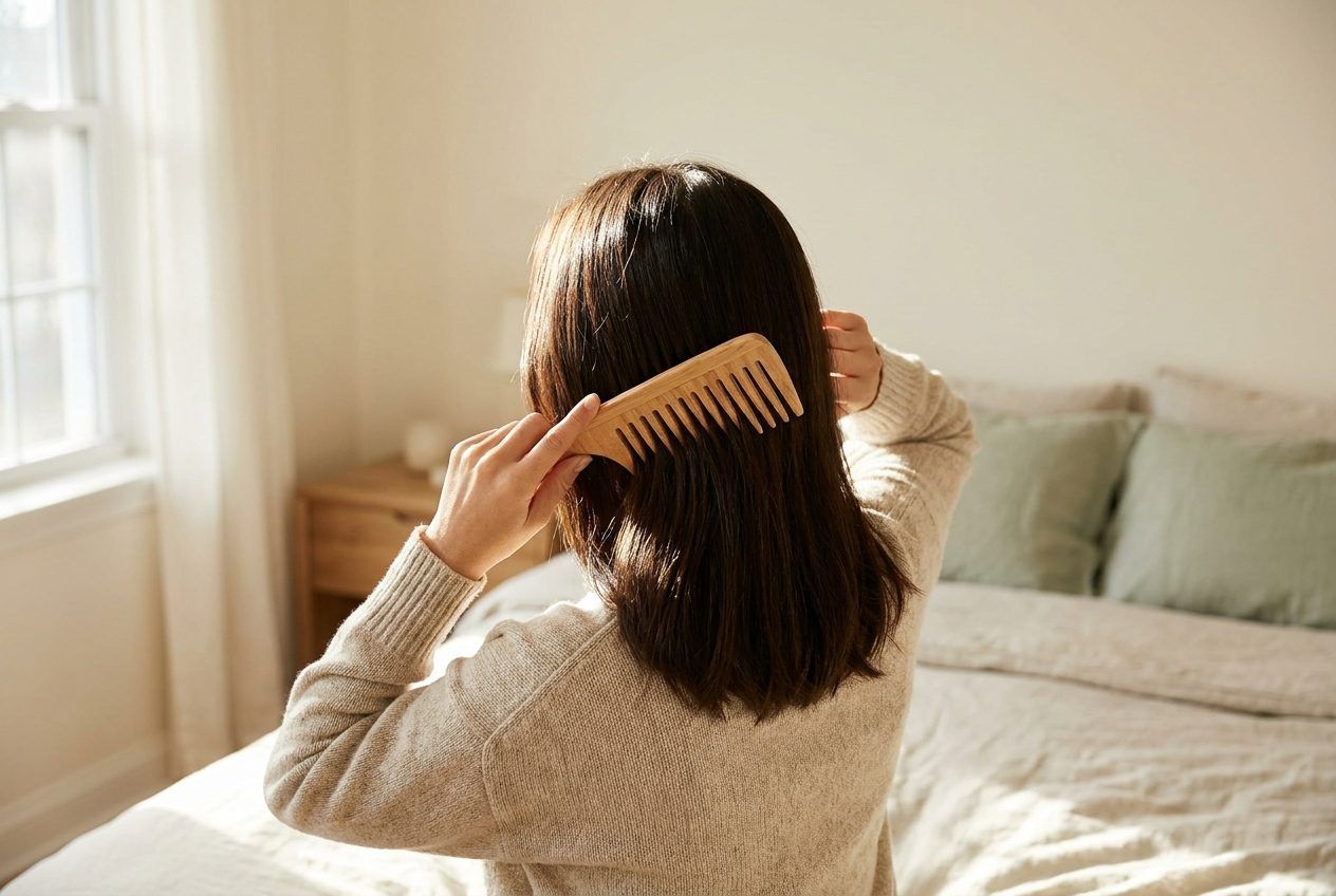 A woman seen from behind, combing glossy brown hair with a wooden wide-tooth comb.