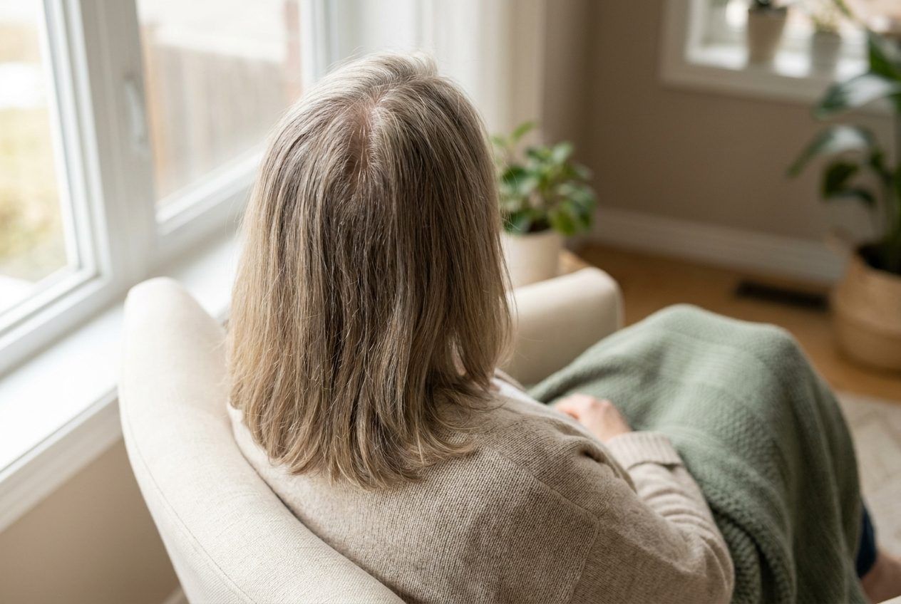 A woman seen from behind, with blonde and grey hair thinner at the crown.
