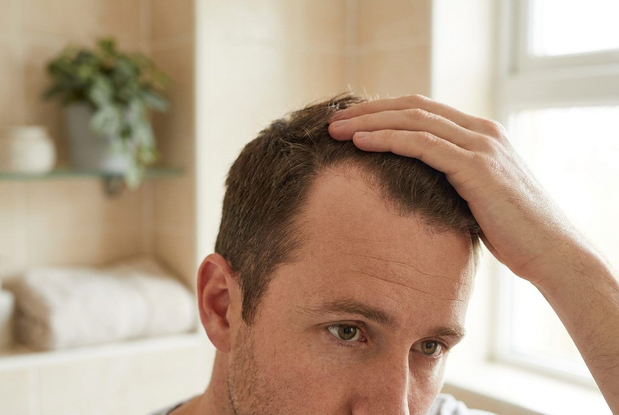 A man in a mirror, pushing short hair back at a receding temple. The frame sits above the eyes.