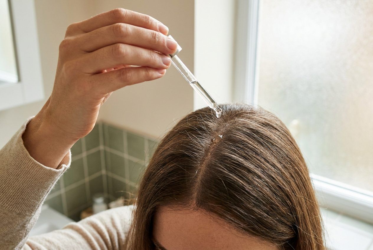 A dropper applying clear liquid along a hair parting. The face is out of frame.