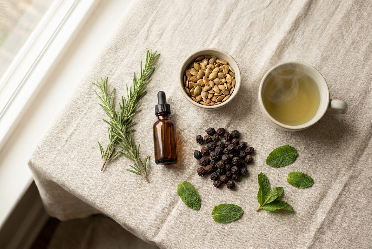 Rosemary, an amber oil bottle, pumpkin seeds, dark berries, mint and green tea on a cloth.