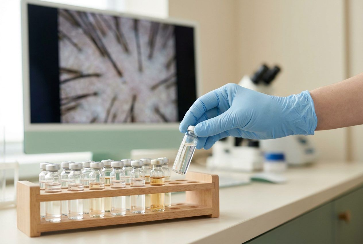 Unlabelled vials on a bench, with a gloved hand lifting one.