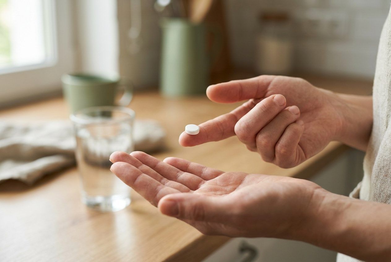 One small white tablet on a fingertip, with a glass of water behind it.