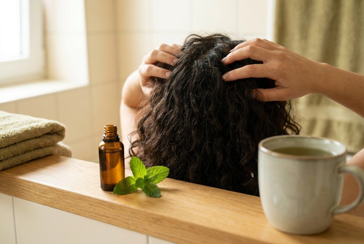Fingertips massaging a scalp, with mint leaves and an amber bottle. The face is out of frame.