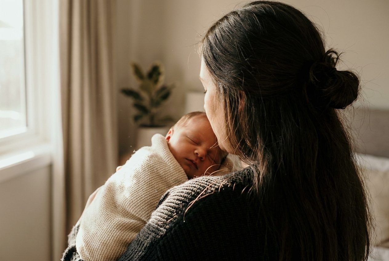 A mother holding a sleeping baby, with shed hairs on a jumper and a blanket. Faces are out of frame.