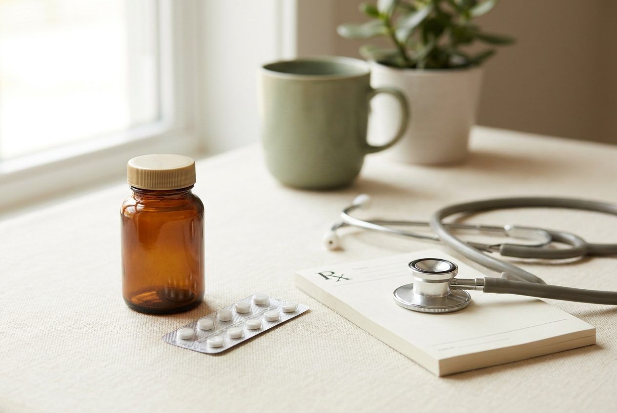An unlabelled medicine bottle, a blister pack, a stethoscope and a blank pad.