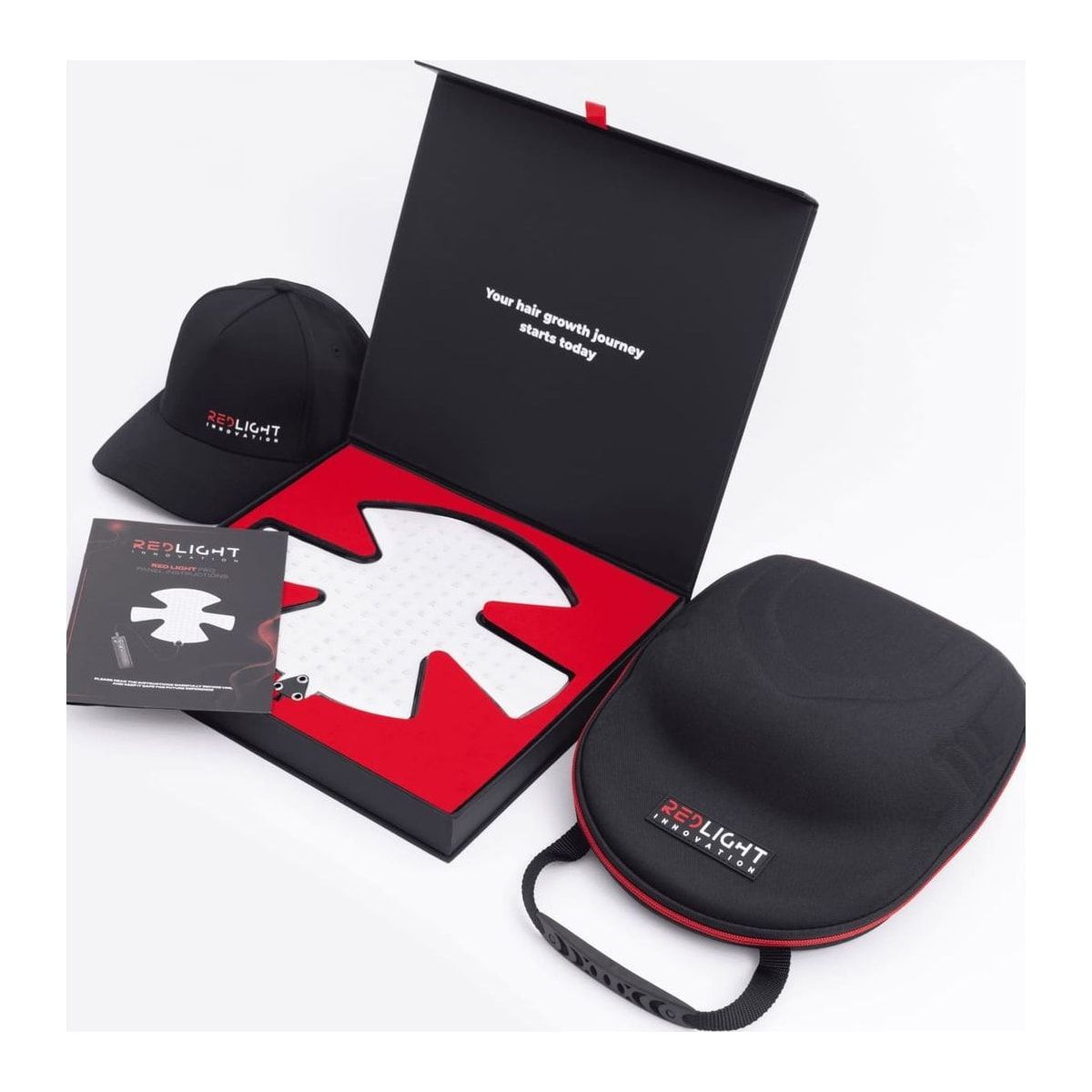 The RedLight Innovation Hat Pro laid out with its case, cable and printed materials.
