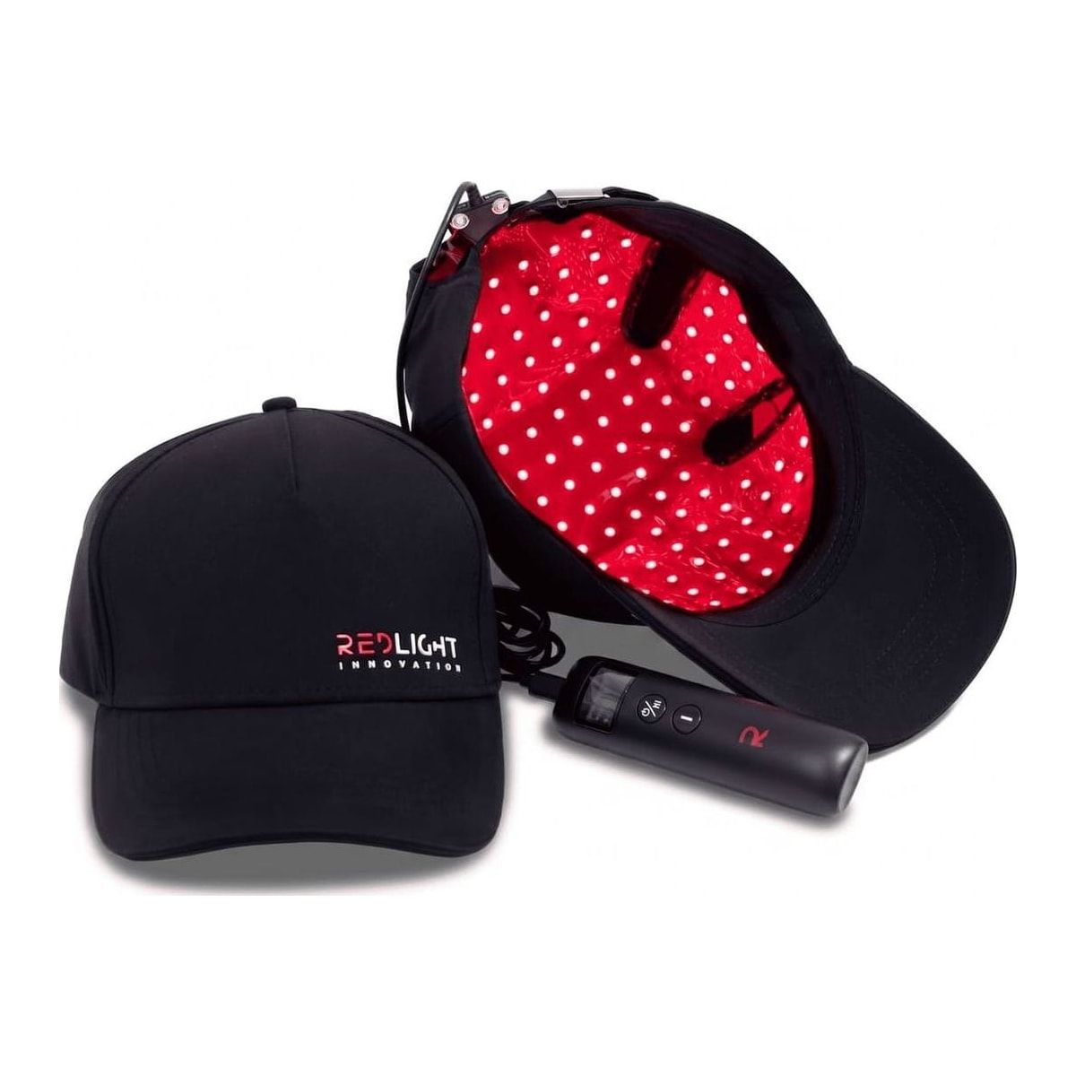 RedLight Innovation Hat Pro, a black soft cap with a red LED panel inside, on a white background.