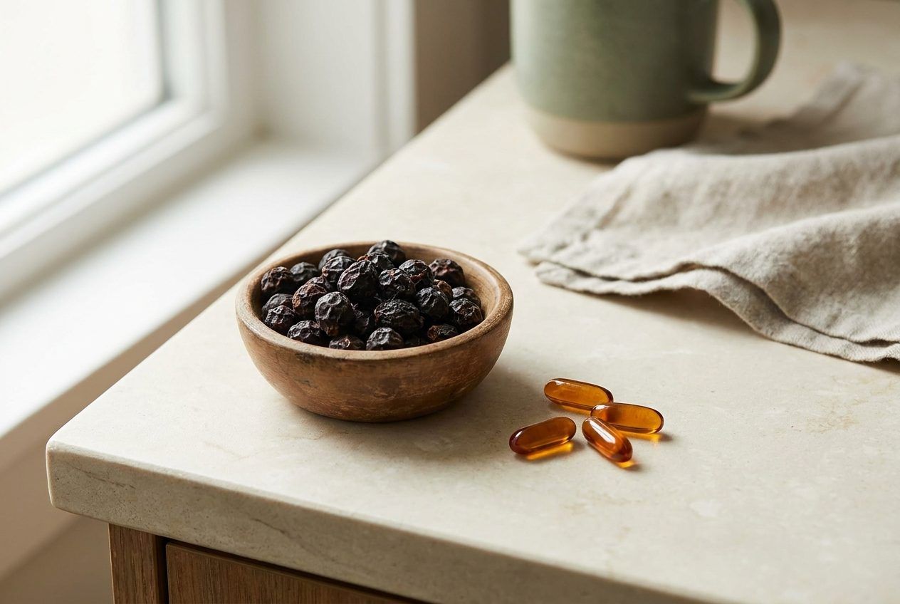 Dark saw palmetto berries in a wooden bowl, beside amber softgel capsules.