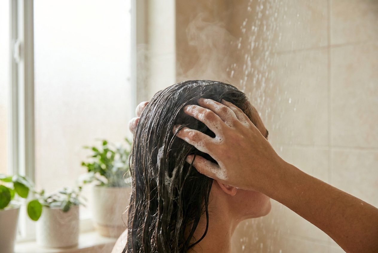 Fingertips working white lather into a wet scalp.
