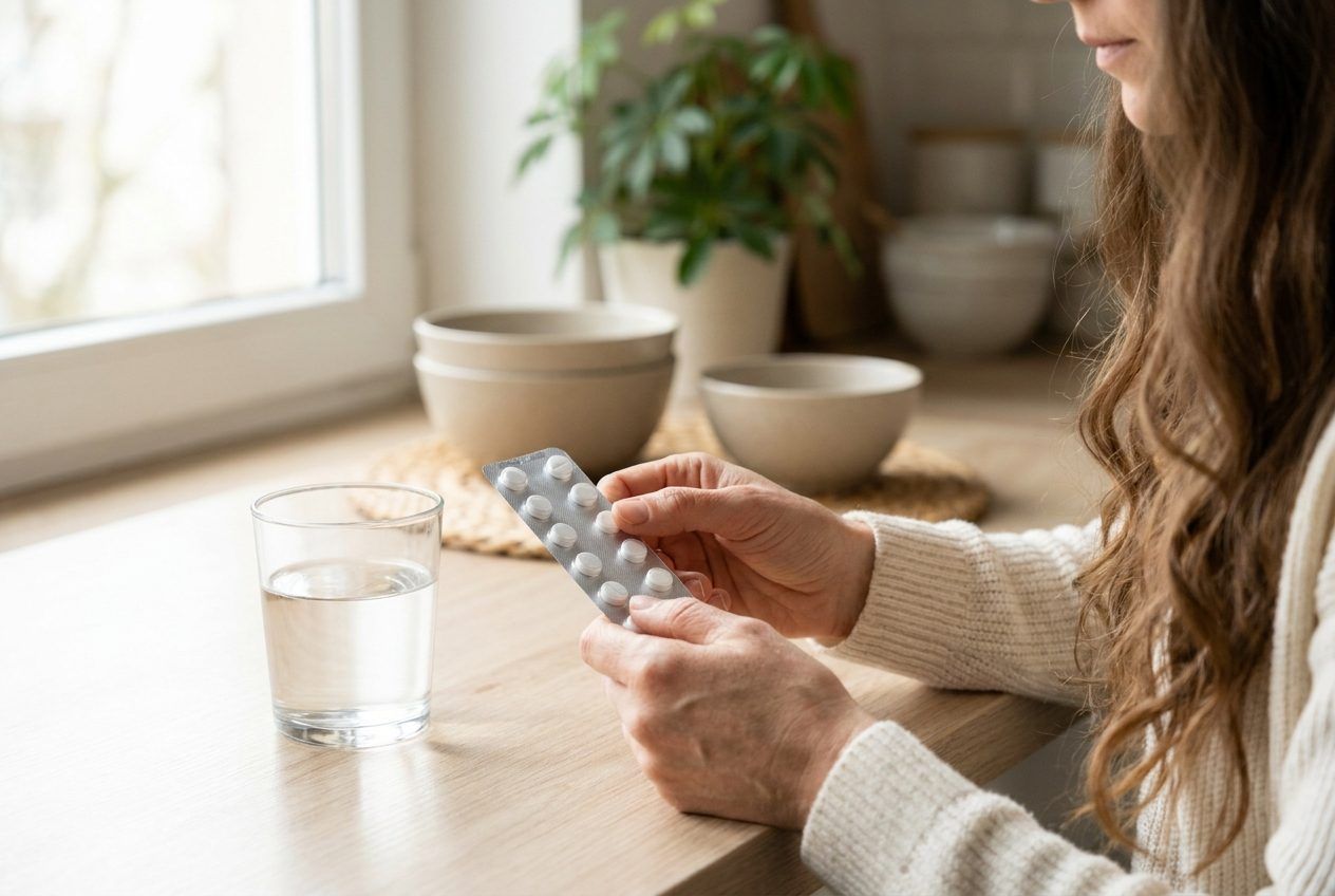 A woman’s hands holding a blister pack and a glass of water. Hair falls over the shoulder and the face is out of frame.