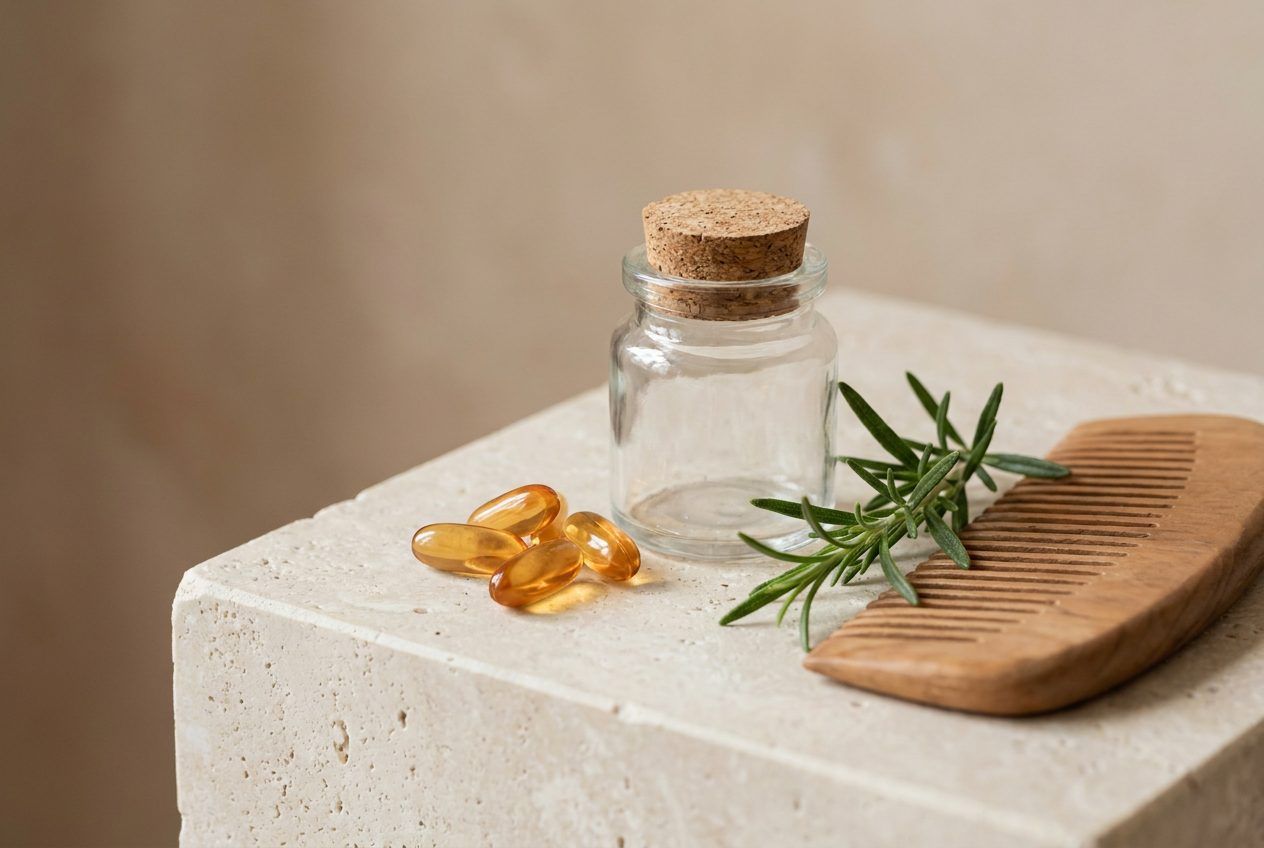 Bottles and capsules labelled biotin, collagen, vitamin D and zinc, with a glass of water and a small green plant.