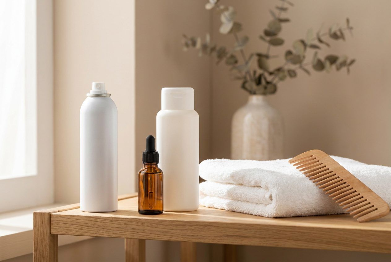 An unlabelled foam canister, an amber dropper bottle and a white shampoo bottle on a shelf.
