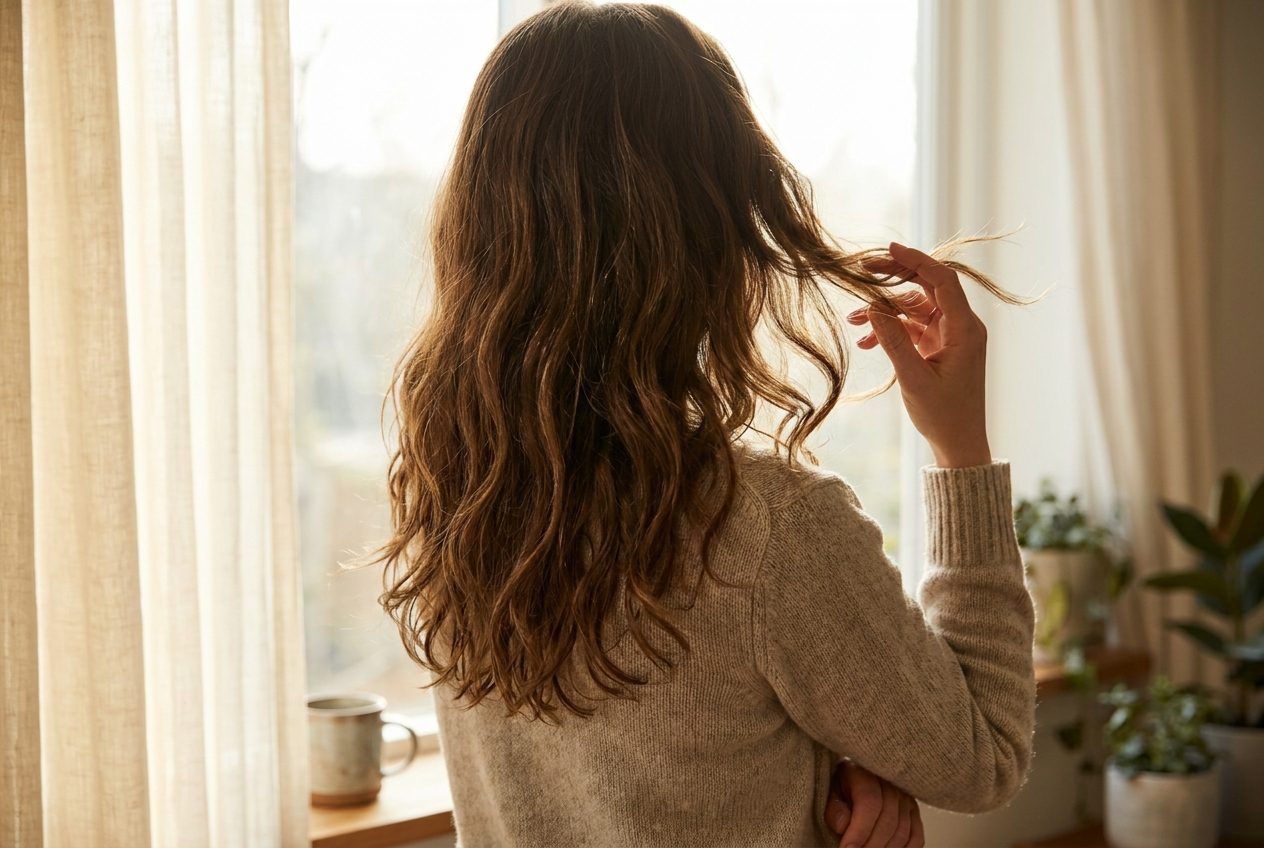 A woman seen from behind, with her fingers in long brown hair, beside a window.